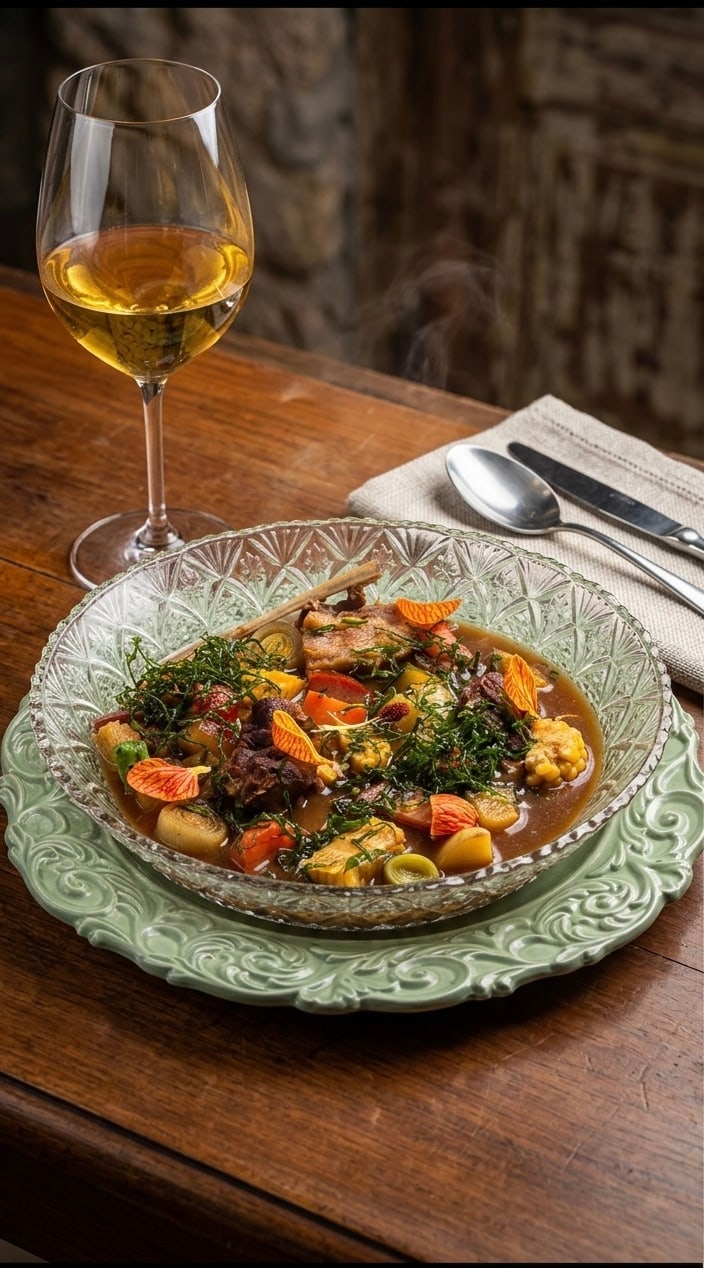 O Cozido Campeiro servido em prato de vidro lapidado, com carnes, raízes e ervas, ao lado de uma taça de vinho branco
