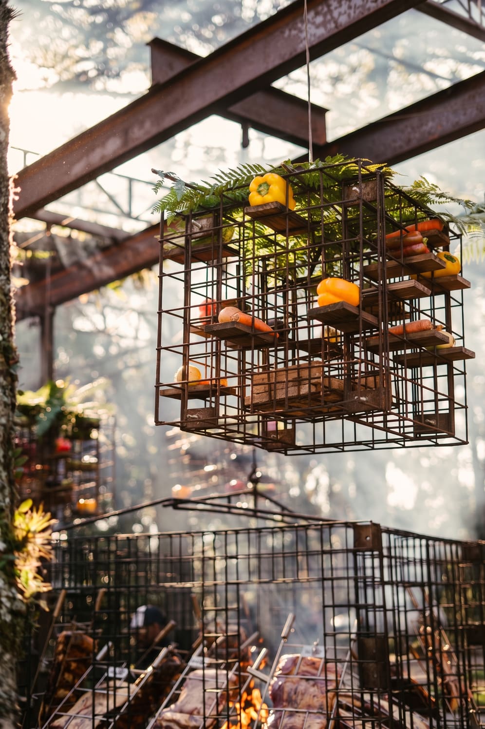 Cubo de ferro suspenso com legumes e samambaia viva