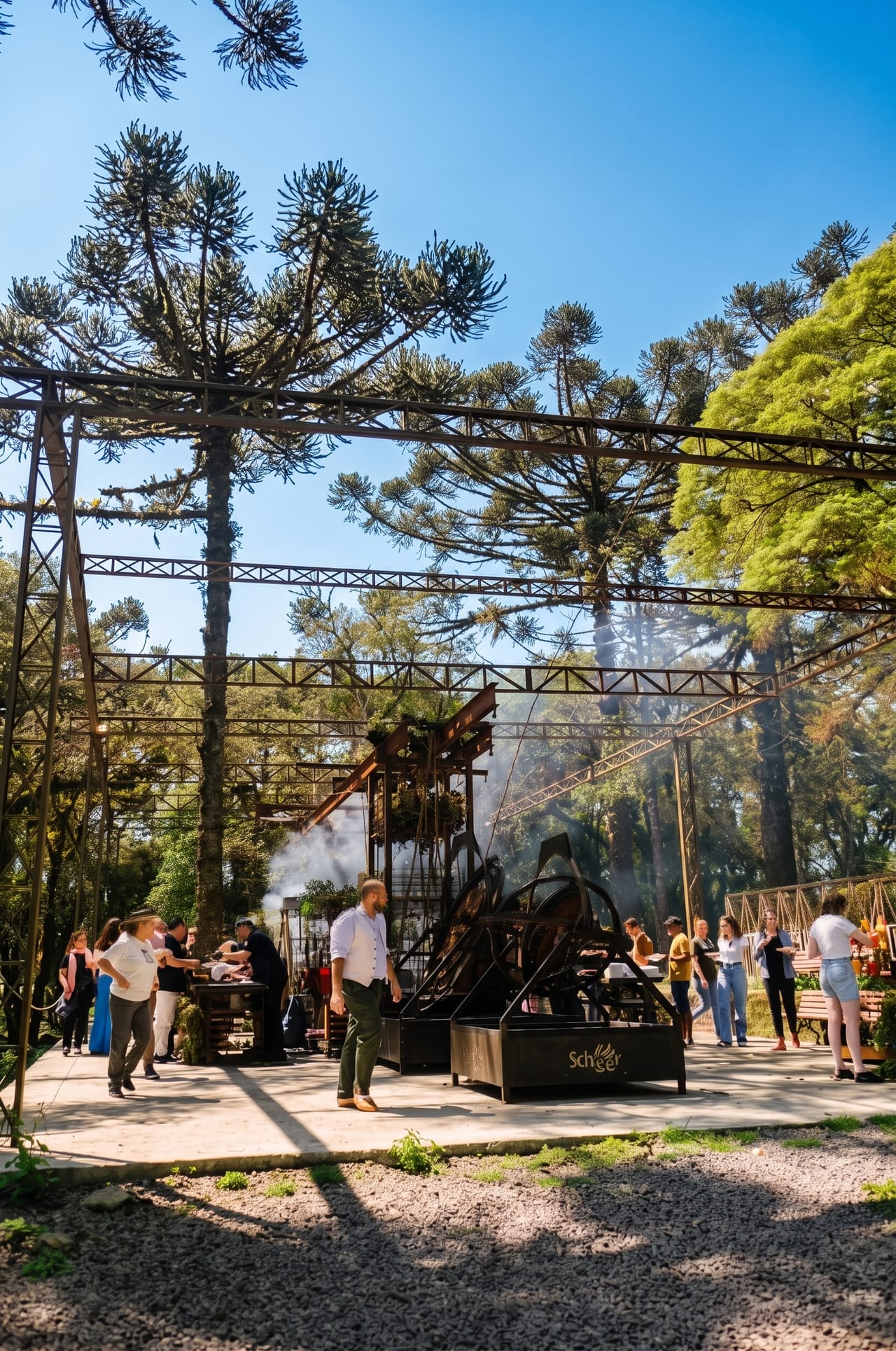 A estrutura de aço erguida entre as araucárias